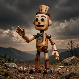 hyper realistic photography of dead ventriloquist with terrific monster wooden puppet