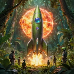 studio ghibli, rocket explosion, jungle, solar, green technology, optimist future by asher durand. intricate artwork by tooth wu and wlop and beeple and dan mumford and greg rutkowski and nekroxiii. halo. octane render, cinematic, hyper realism, octane render, 8 k, depth of field, bokeh. iridescent accents. vibrant