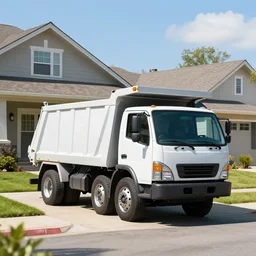 a clean looking dump truck delivering food groceries to a beautiful sunny suburban home, hyper realistic, extremely detailed, raytracing, art by artgerm, greg rutkowski and alphonse mucha, artstation, octane render