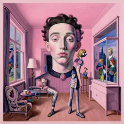 pink lucid figurative avant garde post - morden monumental dynamic interior portrait by magritte and edward hopper, inspired by william blake and gaugin, illusion surreal art, highly conceptual figurative art, intricate detailed illustration, controversial poster art