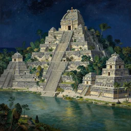 a beautiful painting of the view from the river of the domes and towers of the ancient mayan jungle city, under the night sky with stars, intricate, elegant, highly detailed, digital painting, artstation, concept art, by krenz cushart and artem demura and alphonse mucha