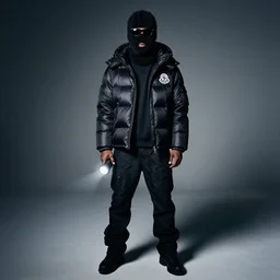 photography of a man full body in the camera named yeat wearing a black fuzzy skimask with black sunglasses on, wearing an obsidian black moncler × ding yun zhang, maximum detail, quality, high quality, flashlight on camera, noise, wide lens, huge atmosphere