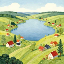 a fantasy landscape with houses around a big lake, lowbrow in the style of alexander jansson and john bauer,