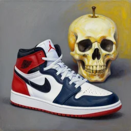 a beautiful painting jordan sneakers, skull fruit by jean michel basquiat award - winning art in realistic oil painting