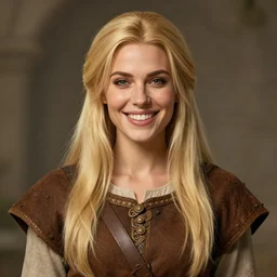 portrait, 30 years old woman :: fantasy :: long straight blond hair, being happy, smiling :: attractive, symmetric face :: brown medieval clothing, natural materials :: high detail, digital art, RPG, concept art, illustration