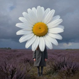 a portrait, gigantic daisy flower head, a girl wearing coat in heather field, surreal photography, wind and cold, dramatic sky, impressionist painting, digital painting, artstation, simon stalenhag