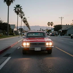 red sovjet car with bright headlights on the american highway in los angeles during dawn