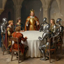 matte painting of king arthur and lancelot at the round table, edward robert hughes