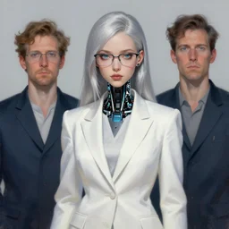 a portrait of a scientist android girl with silver hair wearing white suit and glasses by artgerm and wlop and krenz cushart, painterly