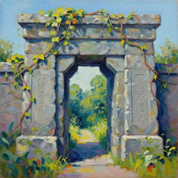 colorful peter mohrbacher impasto!! acrylic painting of the slate stone gateway of a forgotten civilization. vines and creepers, stone etchings