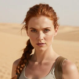 portrait of a northern woman, auburn hair, roguish, clean cut, acrobat, slavic features, tomb raider, desert background, in the style of ruan jia, high detail, uplit, 8 k
