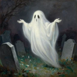 Beautiful painting of a ghost having a delightful dream in a graveyard, oil on canvas, very detailed, by Jean Delville