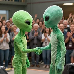 Human and alien shaking hands in large arean full of approving onlookers, style of photo realism