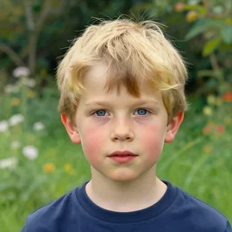 a cute seven year old boy with tousled blonde hair and blue eyes in a lovely garden, beautiful painting by norman rockwell and raymond swanland, highly detailed face