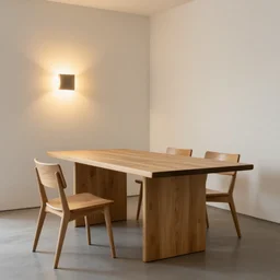 pierre chapo style oak table with chairs in a tadao ando style interior with a serge mouille style wall lamp, soft warm lighting