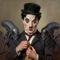 realistic portrait beautiful painting of charly chaplin mutate into a xenomorph. horror, created by thomas kinkade, dramatic lighting.
