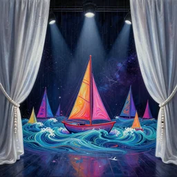 veils of silken pearl curtains, dark spotlights on a rainy stage, infinite cosmic possibilities enthralling the latent spaces and vibrant flowing sailboat waves, magically shaped absurdist performance, trending on artstation. acrylic swirl artwork, neon geometric inks, vector graphics, splatterpaint stitched memories shattered