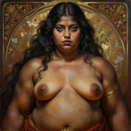 painting of a muscular dark nepali female, big eyes, fat, ultra realistic, concept art, intricate details, eerie, highly detailed, photorealistic, octane render, 8 k, unreal engine. art by artgerm and greg rutkowski and alphonse mucha