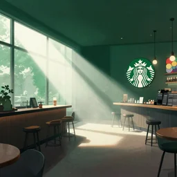 editorial illustration by karolis strautniekas and mads berg, illustrated starbucks interior, low fog, fine texture, detailed, ( ( dark green, white, brown ) ), muted colors, dramatic lighting, dynamic composition, vivid, matte print, wide angle, ( ( sunbeams ) ), moody, colorful, takashi murakami