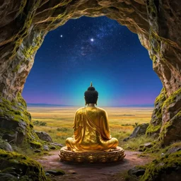 a buddha meditating in a dreamy cave and overlooking a vast plain, mossy rocks, a sky full of stars background, 4 k, hyper realistic, in he style of national geographic, coherent design, symmetrical, vivid colour, complementary colour, golden ratio, detailed, sharp lines, intricate, rainbow shift, in unreal 3 d engine, ray tracing, octane render