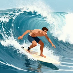 surfer mech on surfboard surfing on large wave in style of simon stalenhag