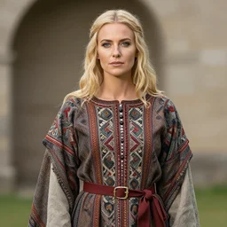 a blonde woman wearing medieval tapestry as clothing