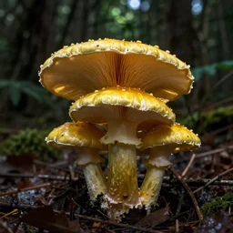 a yellow poisonous mushroom in a dark lush forest, close up