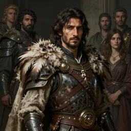 portrait painting of a middle - eastern man with shoulder length hair wearing a tattered feather cloak and armor, ultra realistic, concept art, intricate details, eerie, highly detailed, photorealistic, octane render, 8 k, unreal engine. art by artgerm and greg rutkowski and charlie bowater and magali villeneuve and alphonse mucha