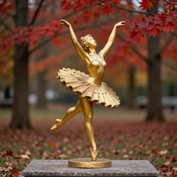 Golden ballerina statue in the middle of a park during red autumn. Bokeh.
