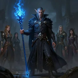 legendary dark elf wizard with blue flame staff, highly detailed, d & d, fantasy, highly detailed, digital painting, trending on artstation, concept art, sharp focus, illustration, global illumination, ray tracing, realistic shaded, art by artgerm and greg rutkowski and fuji choko and viktoria gavrilenko and hoang lap