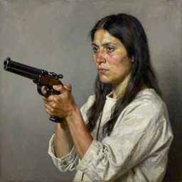 indigenous woman with a gun, painted by lucian freud, hd, super detailed, realistic, muted colors