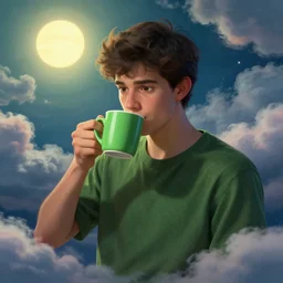 portrait of a ( ( ( verde taza de cafe ) ) ), ( ( guapo joven espanol tomando ) ), lleno de nubes y magia, el sol, concept character, by greg rutowski and tezuka and oi and mucha and bierstadt and remington, trending on artstation