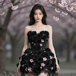 beautiful girl in a dress made of black roses and cherry blossoms, beautiful portrait, symmetrical, character concept style trending on artstation concept art detailed octane render cinematic photo - realistic 8 k high detailed