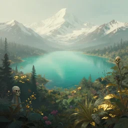 a retrowave style artwork of earl sweatshirt wilderness, a land of the dead, divine, hazy, volumetric lighting, snowy summits in the background, vast turquoise lake, lush flora, empty, spacetime bending, very detailed, serene, gold accents, washed out colors, beautiful artwork, master level composition, raytracing