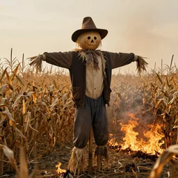 disturbing scarecrow from the early 1 9 0 0's in a trancelike state in the burning cornfields