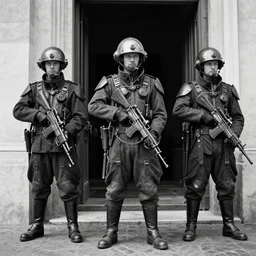 1 9 7 0 s photography, black and white, dieselpunk loaded with weapons vatican guards