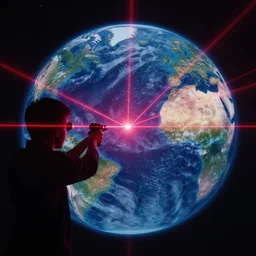 a guy shooting lasers from his eyes, shooting at the center of the earth
