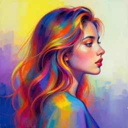 young beautiful woman, side profile, wavy long hair, abstract art, painting, digital art, rainbow vibrant colors, abstract neon colors, detailed, shadow profile, contrast, high - resolution, artstation