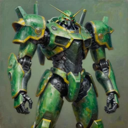 an intricate oil painting of a giant armored metal mecha by simon stalenhag, green, yellow and black trim