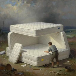 steve buscemi building a mattress fortress. gouache fairytale art, russian romanticism, muted palette, backlighting, depth of field