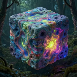 a huge indeterminate color alien cube with a strange texture from nanotechnology, with neon color from its depths, forgotten and lost in the forest, detailed digital art by greg rutkowski.