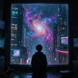 lonely cyber person made of cosmic nebula galaxy energy watching a rainy colorful complex cyberpunk futuristic city from behind at night through a window in a room full of wires and screens, 8 k, photorealistic, concept art, wet, highly detailed, cinematic mood by ridley scott, ghost in the shell, rendered in octane, akira, trending on artstation, glowing lights, gloomy, epic composition