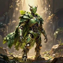 A dungeon & dragons character that is a pacifist robot made from roots and metal and wears a green cape made of leaves, digital art