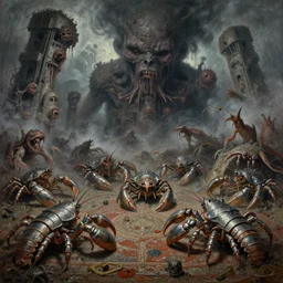 fine art oil painting varied muck jeweled, filthy rugated armored chromed crustaceans clawing & terrified as massive giant tired brutalist structures, claustrophobic cilia sporing pox, evil fog, final battle removal, battle panorama 3 6 0 clustered horror, by virgil finlay, vincente b ballestar, by francesco blanc, geof darrow