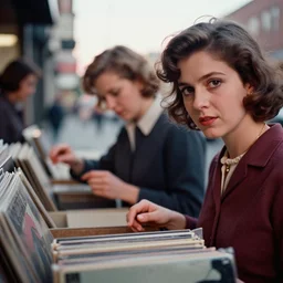 close up photoreal documentary style close up cinematography from a 1 9 6 9 national film board of canada film about beautiful toronto women shopping for records looking at the camera shot on eastman 7 2 5 4 1 6 mm film with a cooke panchro 6 5 mm macro lens at magic hour