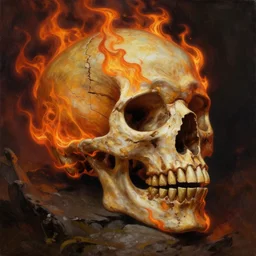 fiery skull contemplating life, gracked, detailed, painted by raymond swanland, giger
