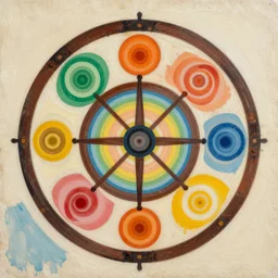 representation of the wheel of life, mixed media, abstract on canvas, gouache paint, matte colors, nostalgiacore, vintage, 1 9 5 0's decor, retro, intricate maximalism, flat shading, voronoi, groovy, low fi,