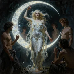 awe-inspiring award-winning concept art nouveau painting of attractive figure called the goddess of the moonbow, darkness, by Alphonse Mucha, Michael Whelan, William Adolphe Bouguereau, John Williams Waterhouse, and Donato Giancola, cyberpunk, fierce, extremely moody lighting, glowing light and shadow, atmospheric, shadowy, cinematic, 8K,
