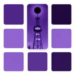 purple color pallete, welcome to night vale, radio tower with black hole above it, spooky strange weird quirky