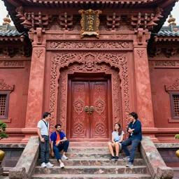 massive ornately carved Shangri-la temple door at the end of stone steps, magical atmosphere, by Renato muccillo and Andreas Rocha and Johanna Rupprecht, trending on artstation, dofus colors, wakfu colors,